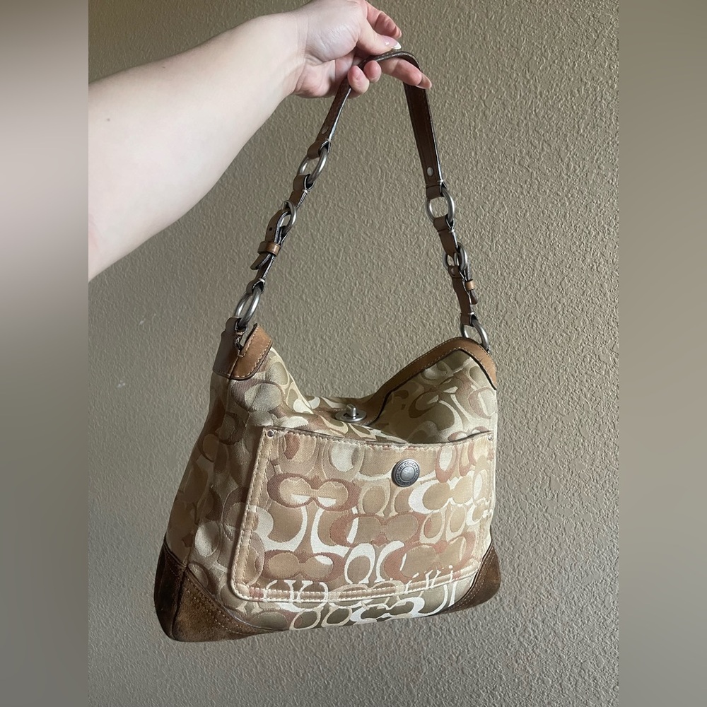 Coach Khaki and Tan Signature Canvas Hobo with Chain-Detail Strap